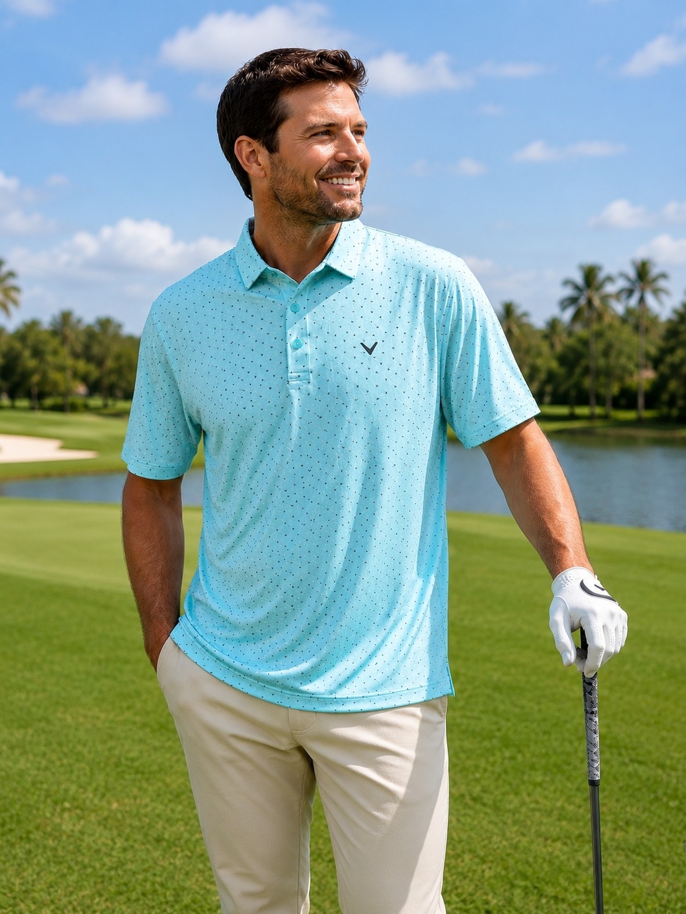 Callaway Aqua Blue Short-Sleeve Golf Polo with Micro Dot Pattern